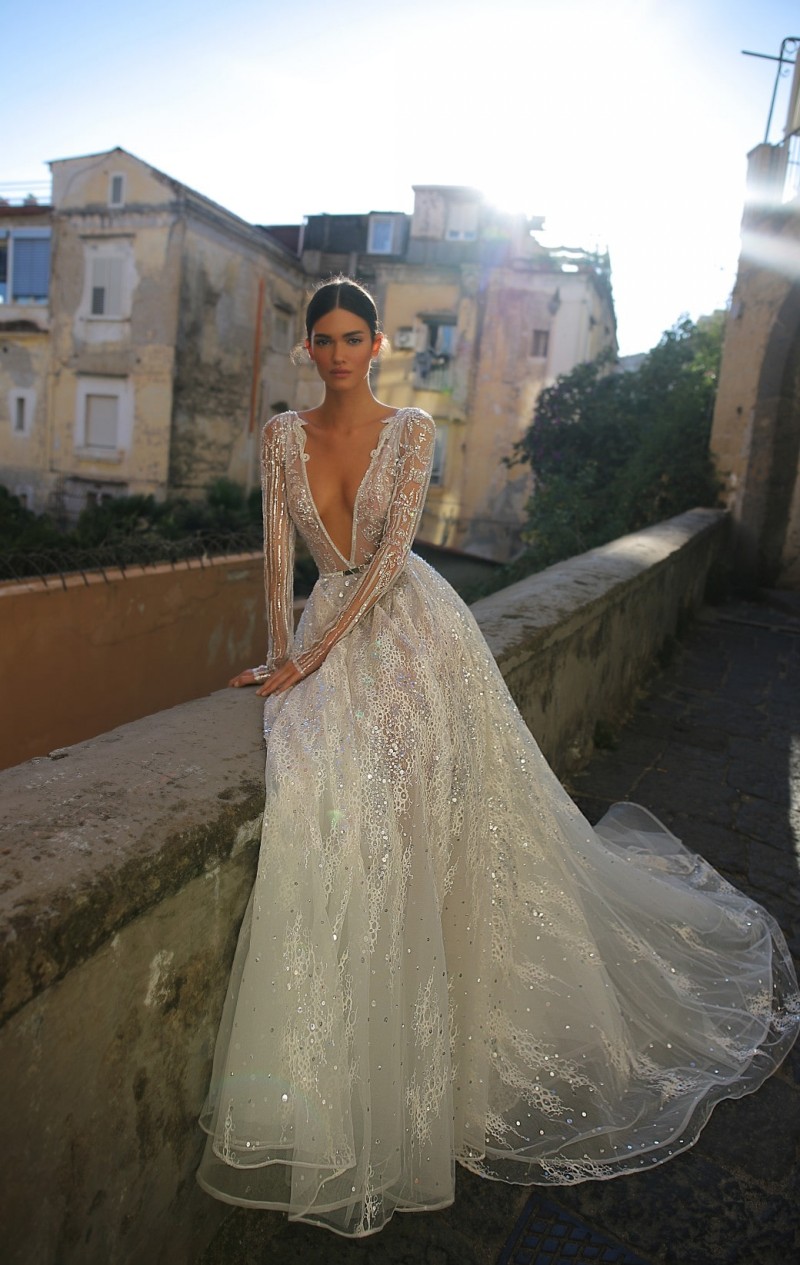 Inbal Dror 2020 Wedding Dress V Neck Sequined Lace Bridal Gowns With Crystals Sweep Train Boho Long Sleeves Wedding Dress Custom Made