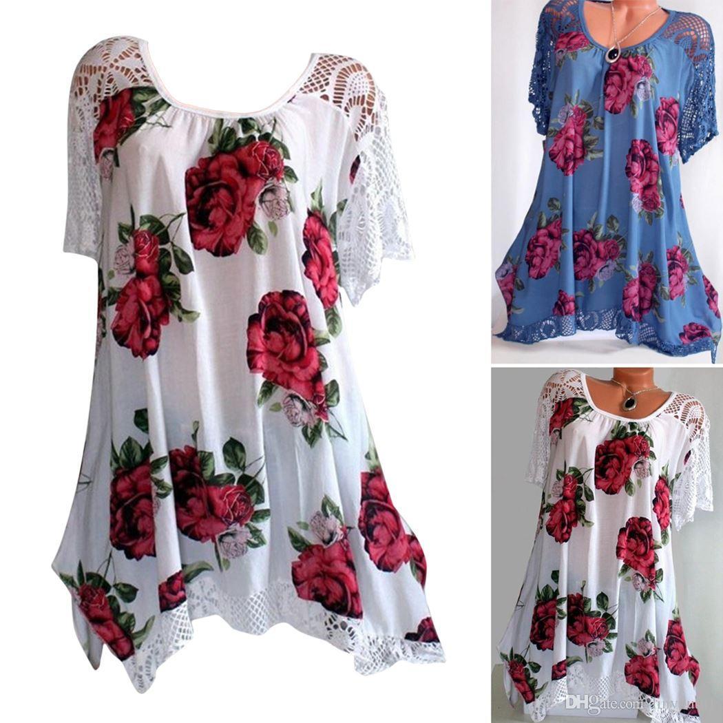 2020 Plus Size Vintage Womens Tops and Blouses Summer Lace Patchwork Floral Printed Short Sleeve Shirt 2018 Tunic Blusas Feminina