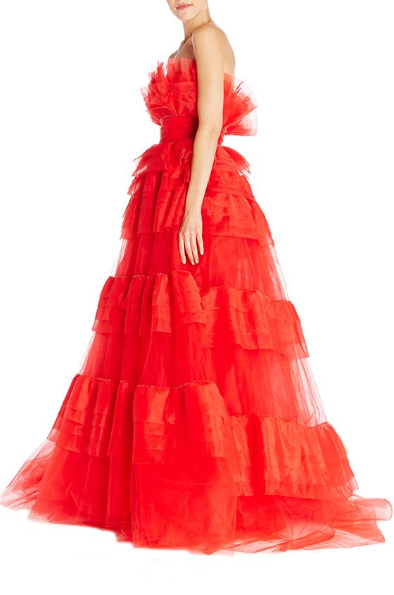 Monique Lhuillier Elegant Prom Dresses 2019 Strapless Tiered Ruffles A Line Tulle Formal Evening Dresses Long Party Gowns Custom Made