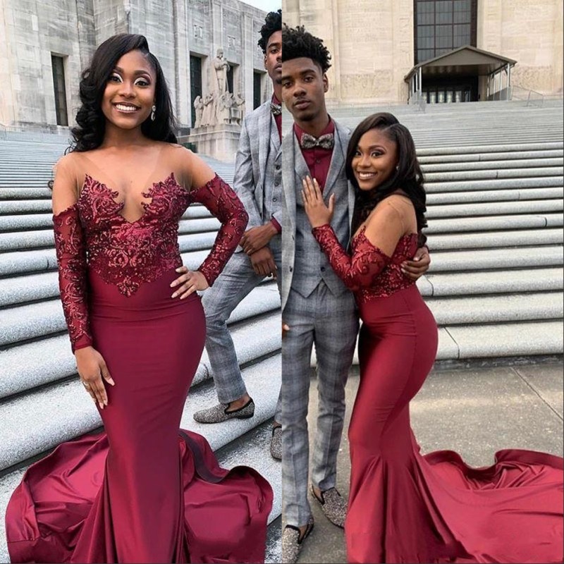 Burgundy Sheer V Neck Satin Mermaid Prom Dresses Long Sleeves Lace Applique Top Sweep Train Formal Party Evening Gowns, Daffodil
Burgundy Sheer V Neck Satin Mermaid Prom Dresses Long Sleeves Lace Applique Top Sweep Train Formal Party Evening Gowns, Daffodil