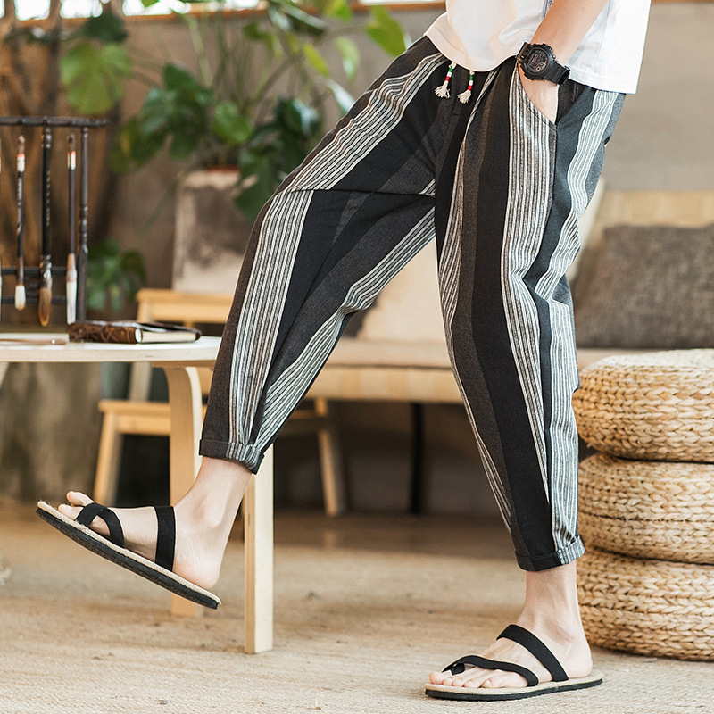 Men's Striped Harem Pants Summer Cotton Linen Casual Trousers Plus Size  5XL Male Loose Hip-hop Hippie Pants Streetwear Fashion, Black 
Men's Striped Harem Pants Summer Cotton Linen Casual Trousers Plus Size  5XL Male Loose Hip-hop Hippie Pants Streetwear Fashion, Black