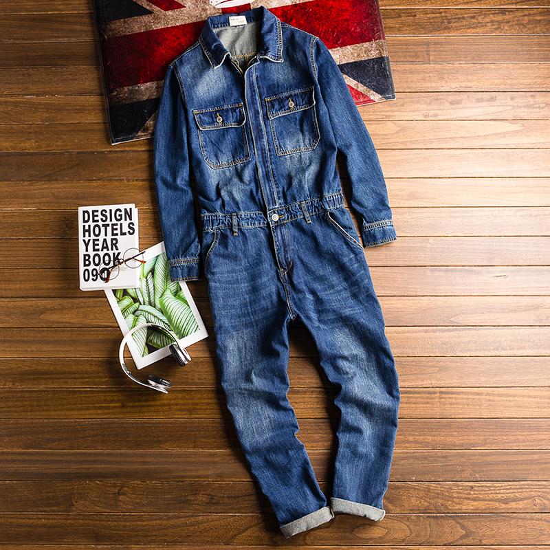 Japanese Retro Denim Jumpsuit Men's Casual Bibs Multi-pocket Small Leg Jumpsuit Fashion Denim Suits Male Overalls