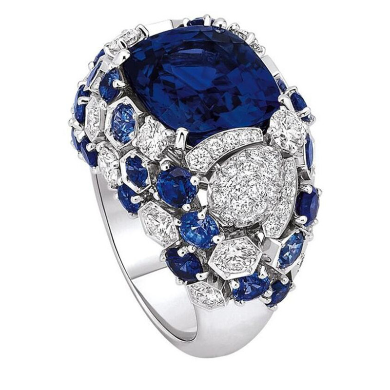Sterg Sier Cushion Shape Blue Sapphire CZ Dia Gemstones Women's Wedding Band Ring