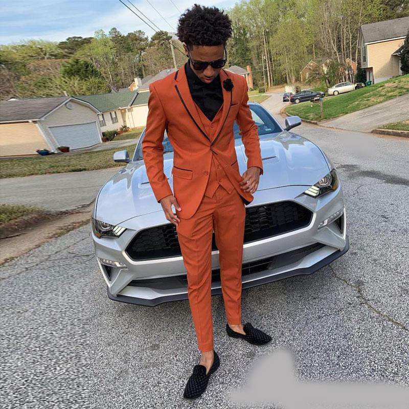 Handsome Orange Slim Fit Mens Suits Notched Lapel Wedding Tuxedos For Men Cheap Three Piece Prom Blazers (Jacket+Pants+Vest)