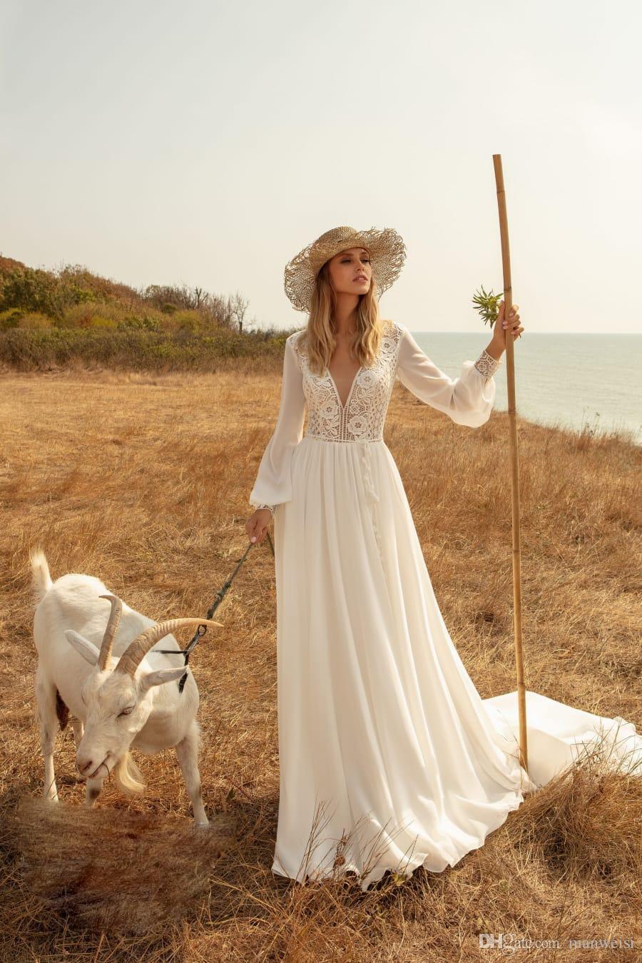 bohemian long sleeve wedding dresses lace appliqued chiffon v neck bridal gown boho a line wedding dress robes de marie