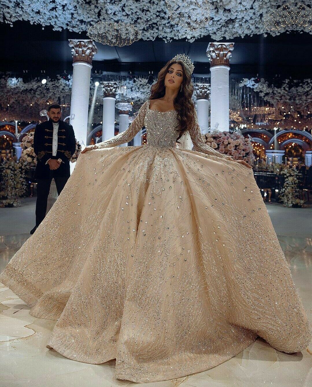 luxury champagne ball gown wedding dresses beading long sleeves bridal gowns lace appliqued plus size wedding dress