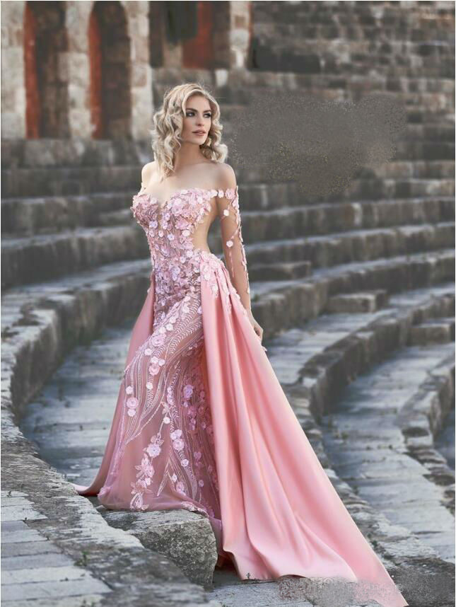 Gorgeous Pink Mermaid Prom Dresses Off Shoulder 3D Floral Appliques Long Evening Dresses with Detachable Train Formal Party Gowns