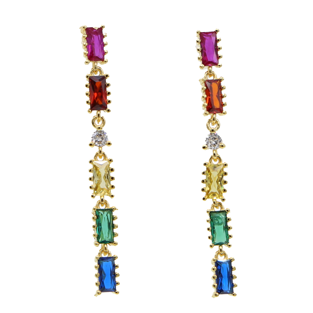 long tassel drop earring rainbow baguette cz link chain geometric fashion gorgeous women jewelry