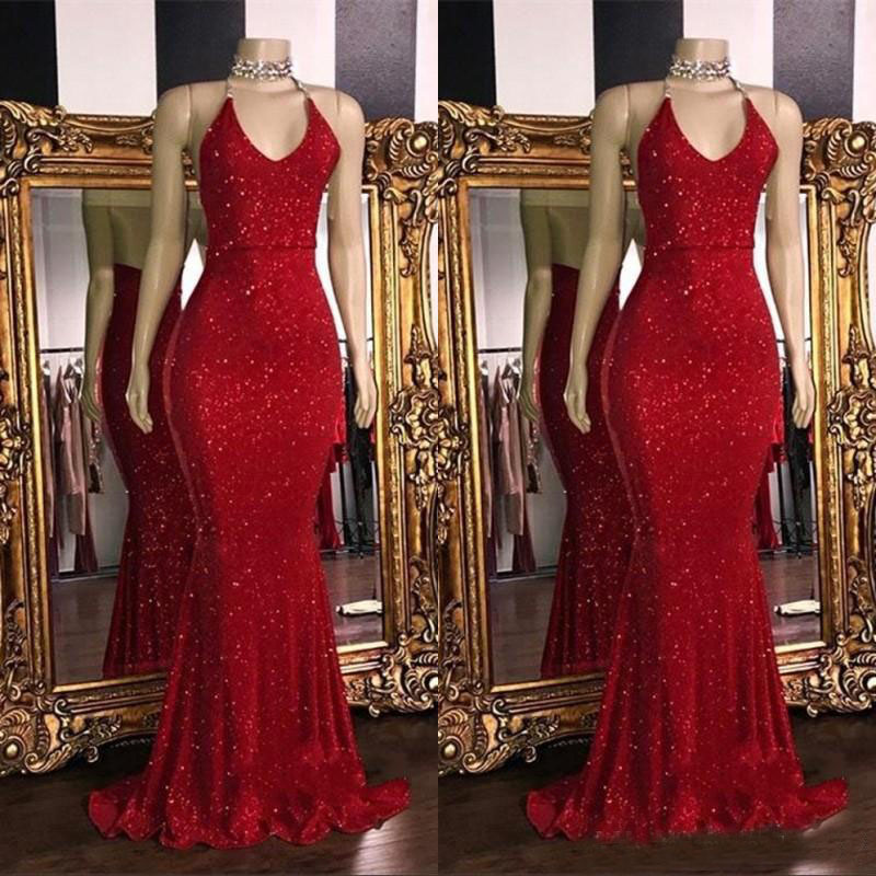 Red Sparkling Sequins Prom Dresses Mermaid Halter Backless Sweep Train Formal Party Dresses Evening Gowns Custom Size