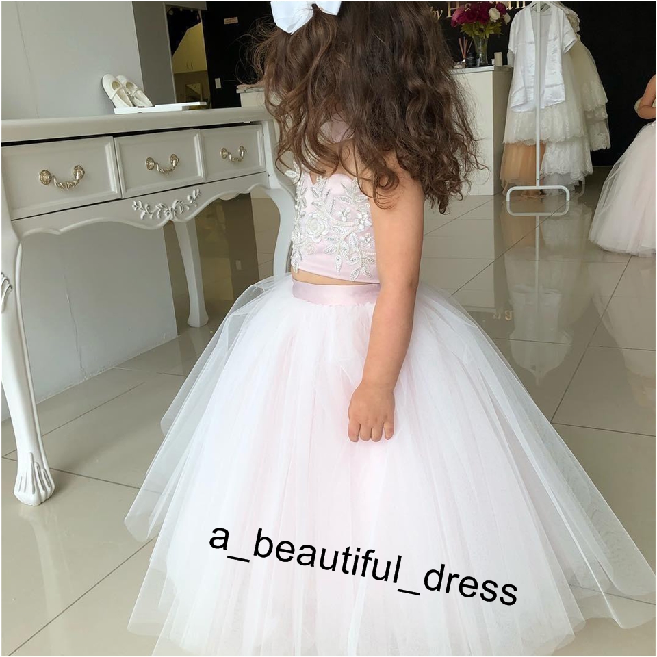 Flower Girl Dresses for Wedding Little Pageant Girls Dress Ball Gown Tulle Appliqued Beaded Two Pieces Birthday Party Communion Wear FG1259