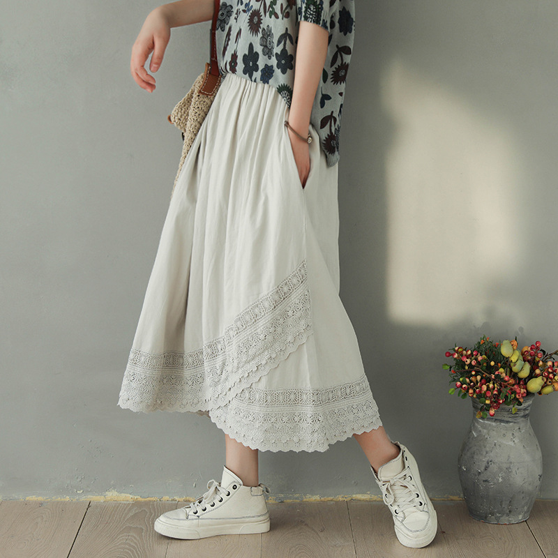 Cotton Lace Skirt Women's Spring New Loose Artistic Elastic Waist Irregular Skirts girl, Beige