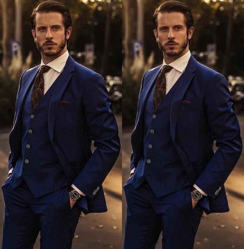 Navy Blue Groom Tuxedos Notch Lapel Men Wedding Tuxedos Excellent Men Business Dinner Prom Blazer 3 Piece Suit(Jacket+Pants+Tie+Vest) 1180