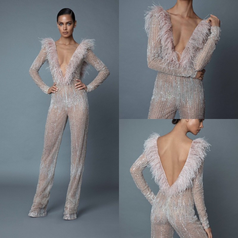 Luxury 2019 Berta Jumpsuits Evening Dresses Feather Beaded Sequins Pants Formal Prom Gowns Deep V Neck Dress Party Vestidos De Fiesta