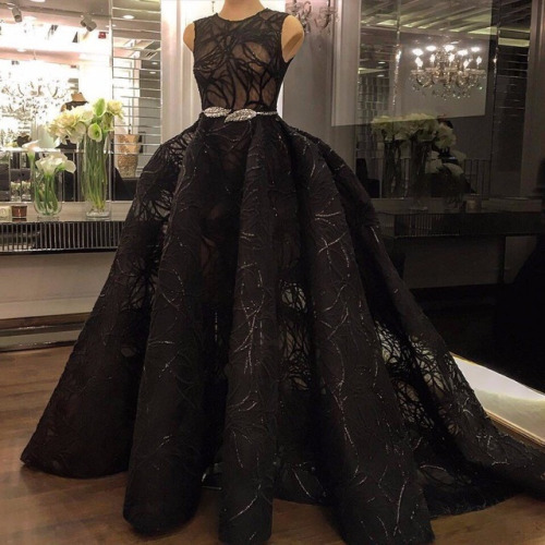 Black Ball Gown Prom Dresses With Belt Jewel Neck Sweep Train Puffy Custom Made Evening Gowns Plus Size Formal Party Dress