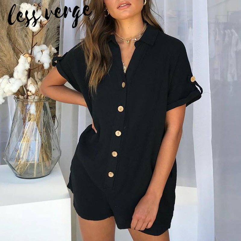 Lessverge Casual Summer Khaki Linen Jumpsuit Women White Button Pockets Beach Rompers Loose Short Sleeve Playsuit Overalls 2019 Y190502