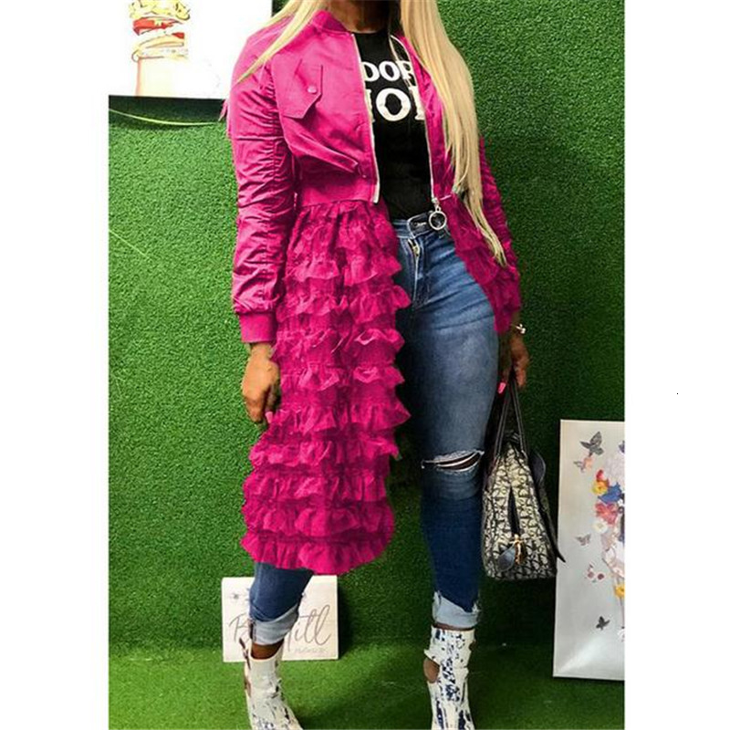 2019 Women Autumn Solid Casual Mesh Lace Splice Jacket Ladies Fashion Coat Zipper Down Outwear Tops Females New Clothing Tops V191209