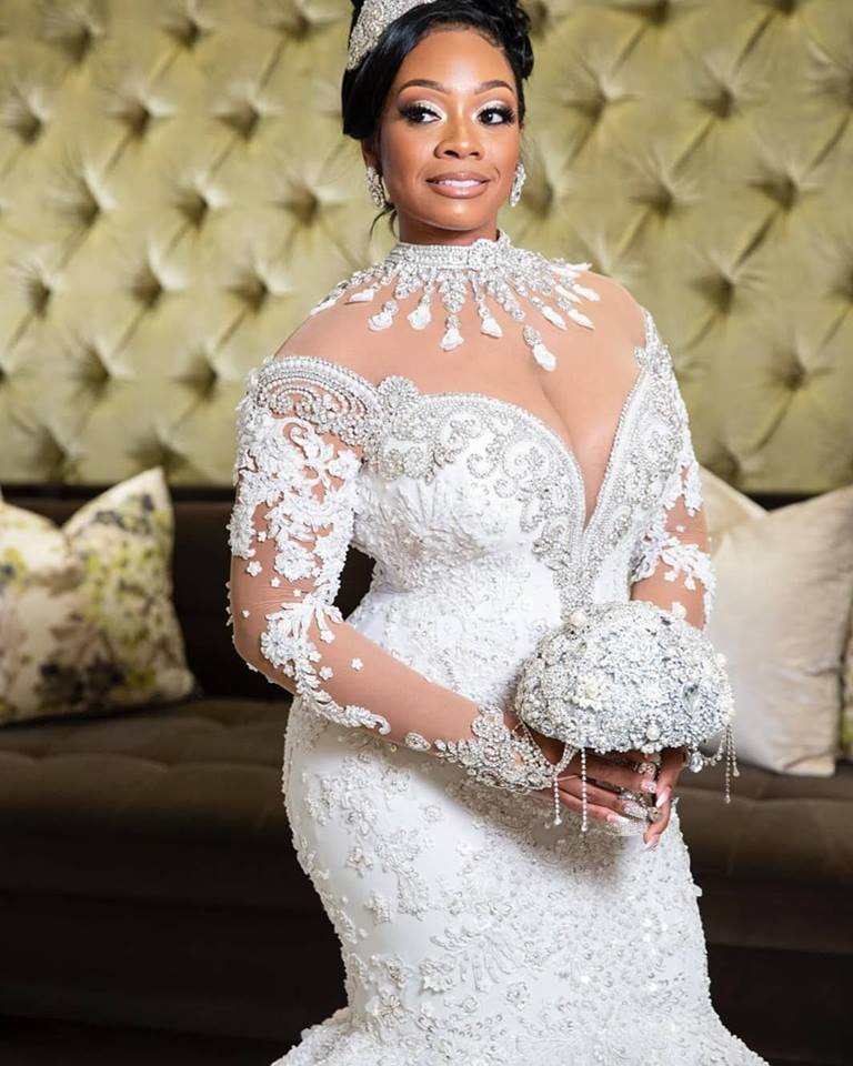 Elegant High Neck Plus Size Arabian Crystal Laced Mermaid Wedding Dress with Beads and Long Sleeves