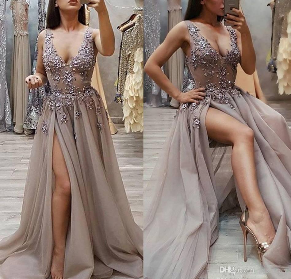 2019 Side Split Prom Dresses Deep V Neck Long A Line Formal Evening Dress Graduation Party Gowns Custom Made Plus Size