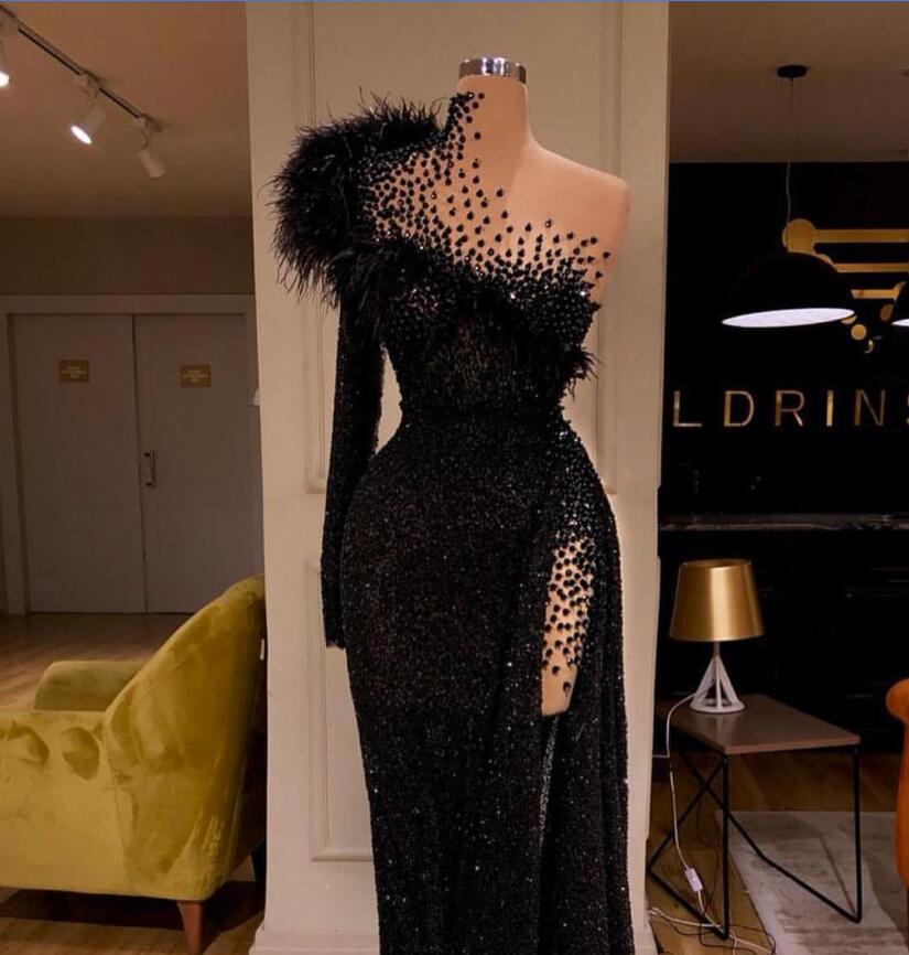 Luxury Black Evening Dresses High Collar Beads Feather High Side Split Spakrly Prom Dress Sweep Train Custom Made Formal Occasion Gowns