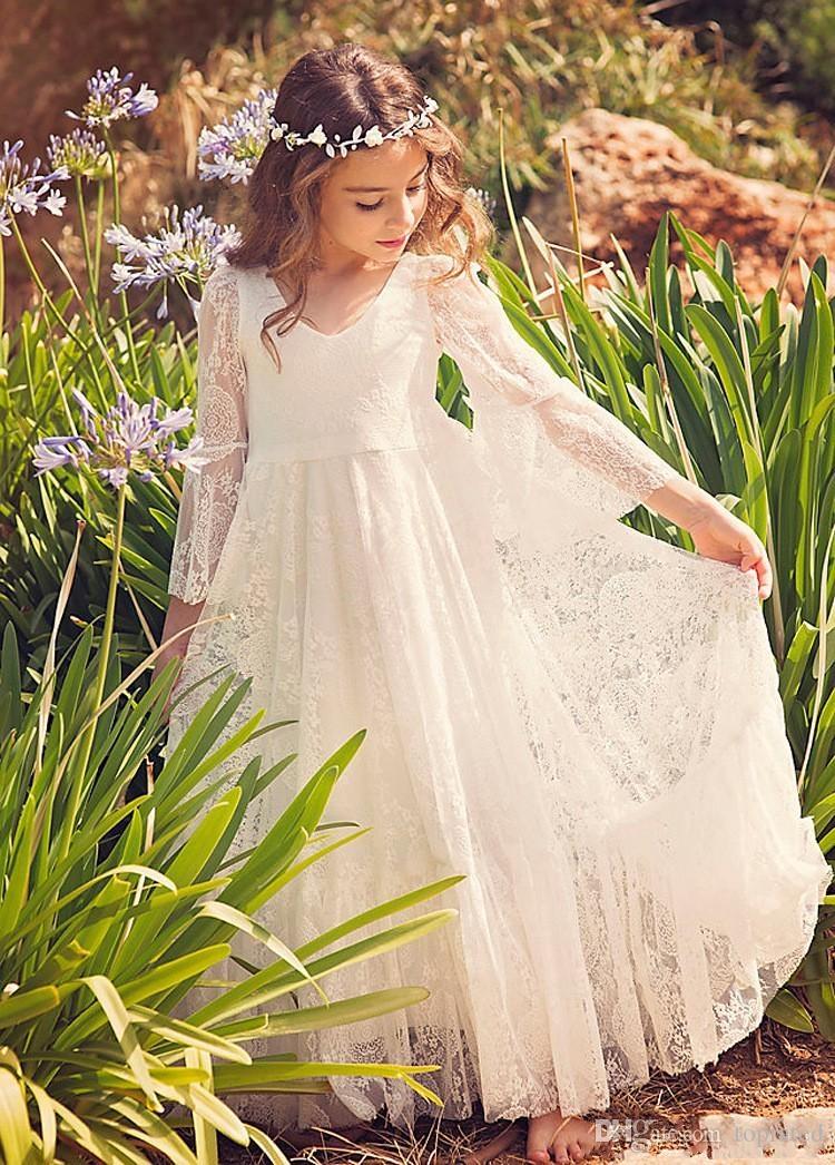Ivory New White Beach Flower Dresses Boho First Communion For Little Girl V-Neck Long Sleeve Cheap A Line Kids Wedding Dress