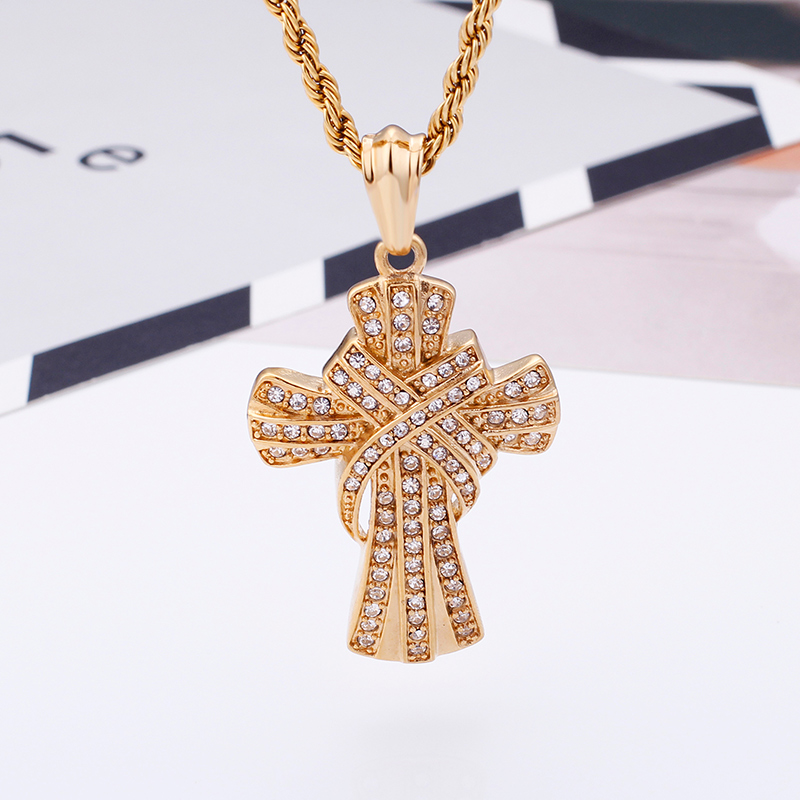 Men Hip Hop Domineering Cross Pendants Necklace 316L Stainless Steel Cubic Zirconia Setting 18K Gold Plated Jewelry