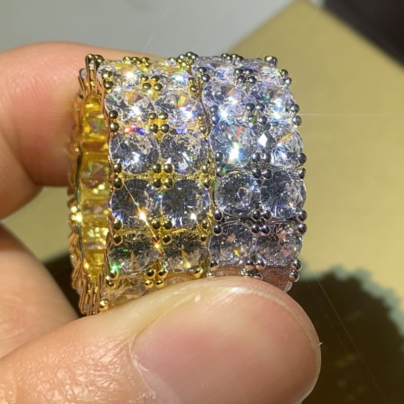 Hip Hop Vintage Sterg Sier & Gold Double Rows Topaz CZ Dia Gemstones Women's Wedding Band Ring (Size 8-13)