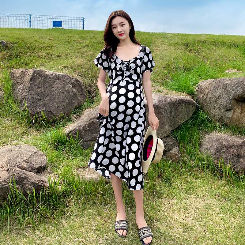 Summer Fashion Pregnant Women Dress Drawstring Lace-Up V-Neck Sweet Maternity Clothes Loose Side Split Polka Dot Chiffon Dress, Black
Summer Fashion Pregnant Women Dress Drawstring Lace-Up V-Neck Sweet Maternity Clothes Loose Side Split Polka Dot Chiffon Dress, Black