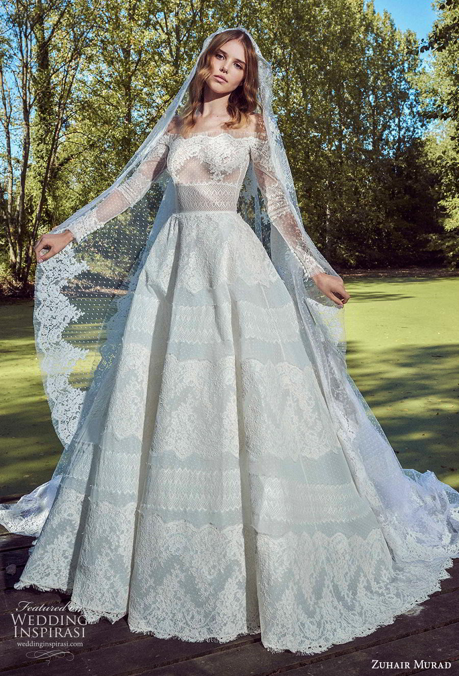 zuhair murad off shoulder lace long sleeve stripe appliques bridal gowns plus size country wedding gown robe de marie