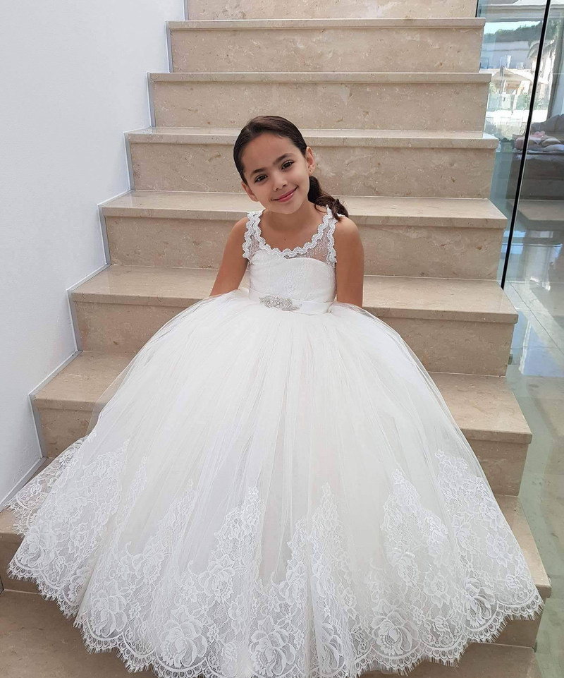 Ivory Flower Girls Dresses Lace Girls Wedding Party Dress Ball Gown Summer Pleats Tulle with Lace Applique Lace-up back