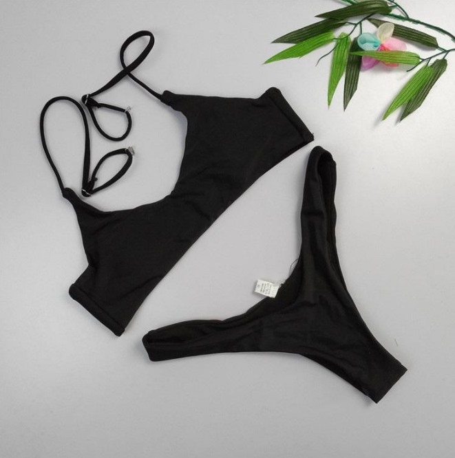 Fashion- New Solid Thong Brazilian Bikini 2 Piece Set Sexy Swimwear Women Plus Size Swimsuit Halter Bikini Set Simple Bathing Suit RF0785