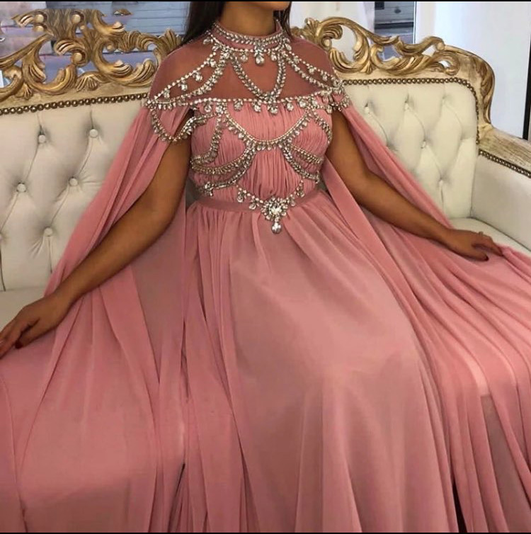 Arabic Chiffon Long Evening Dresses Elegant for Women Dubai Caftan Crystal High Neck Prom Gown Formal Dress Robe de soiree
