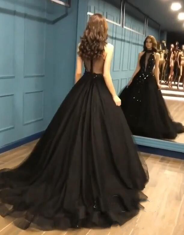 Modest Sleeveless High Neck Black Prom Dresses 2019 Ball Gown Beading Sequins Evening Dress Backless Red Carpet Party Gowns