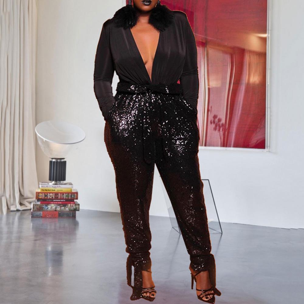 Sexy Deep V Neck Black Sequins Party Night Club Long Jumpsuit Oversized XL-5XL Plus Size Women Long Sleeve Jumpsuit Rompers
Sexy Deep V Neck Black Sequins Party Night Club Long Jumpsuit Oversized XL-5XL Plus Size Women Long Sleeve Jumpsuit Rompers