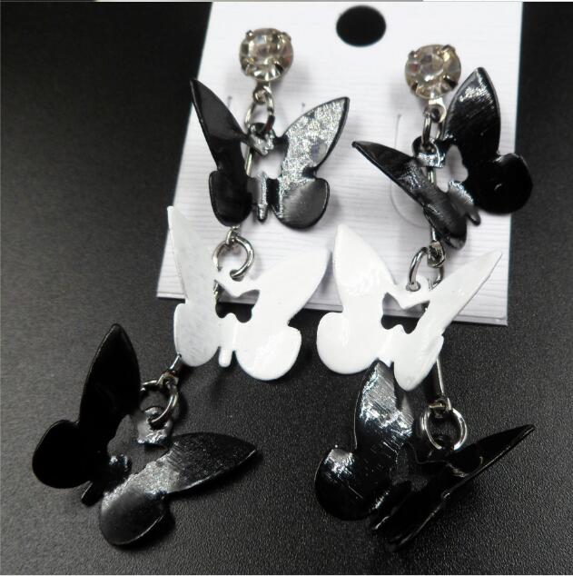 Hot sale Multi storey Black white Crystal Butterfly Tassels Dangle Chandelier Earrings Exaggerated Pendant Earrings