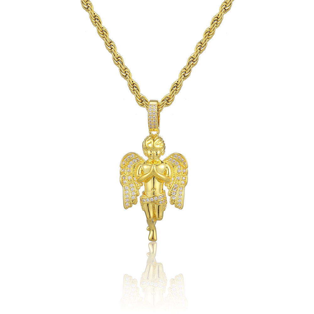 Hip Hop Prayer Angel Pendant Necklace Shining Full Diamond Stone Stainless Steel Bling Charm Pendants Jewelry