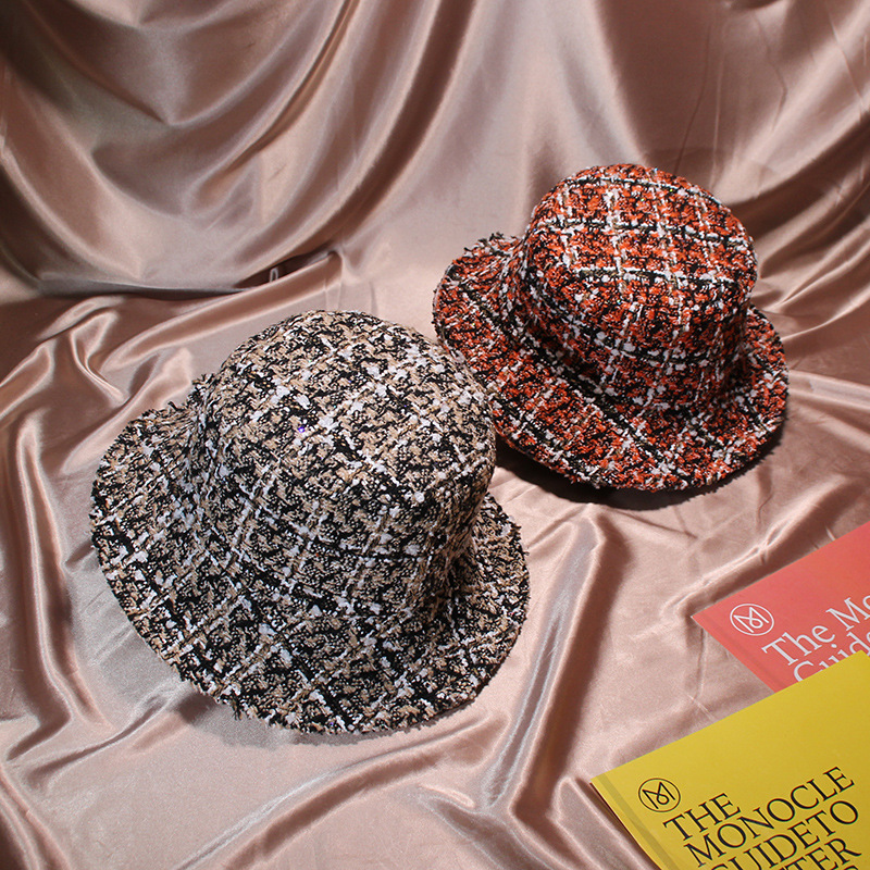 Autumn Winter Women Tweed Hats Bucket Hat Caps Chic Plaid 5 Colors Fisherman Panama Knitted Bucket Hat T200116
