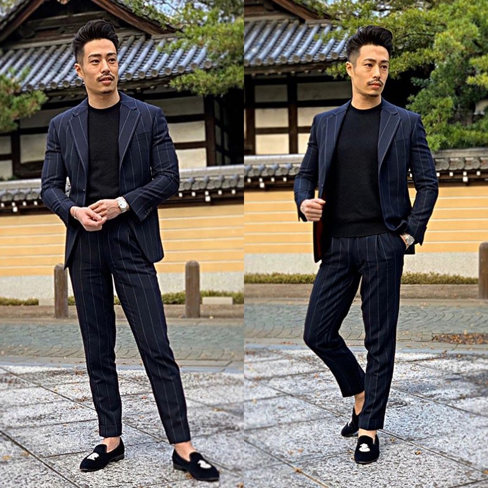 2020 Blue Pinstripe Groom Tuxedos Slim Fit One Button Groomsmen Mens Wedding Suits Man Blazer Jacket Suit(Jacket+Pants)