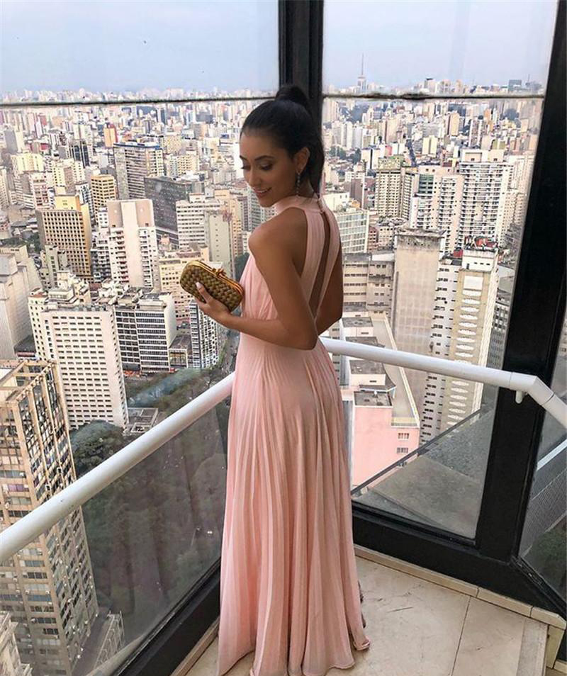2019 Pink Bridesmaid Dresses Halter Chiffon Boho Summer Country Garden Formal Wedding Party Guest Maid of Honor Gowns Plus Size Custom Made