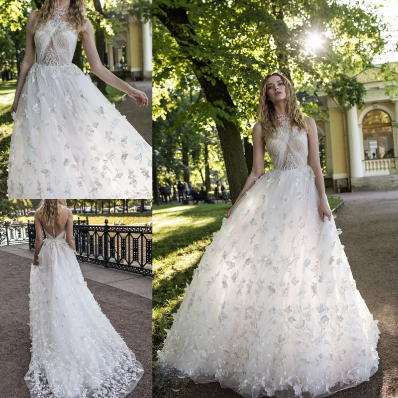 lian rokman beach wedding dresses jewel neck lace 3d floral appliqued bohemian bridal gowns a line boho wedding dress vestido de novia