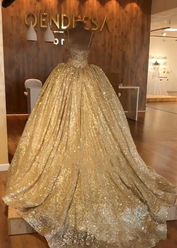 blingbling gold sequined prom dresses dubai arabic ball gown evening gowns with sweep train spaghetti strap formal party second gowns