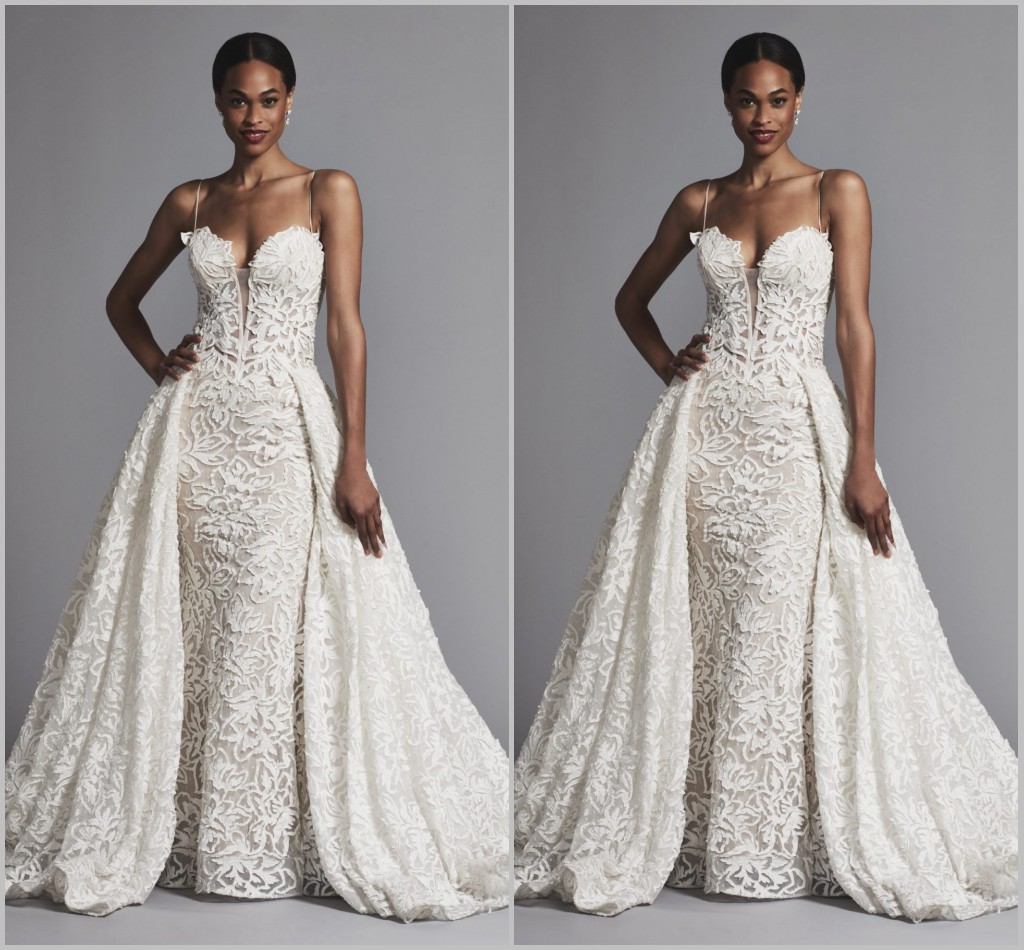 pnina tornai overskirts mermaid wedding dresses with detachable train full lace sexy spaghetti neck bridal gowns custom made