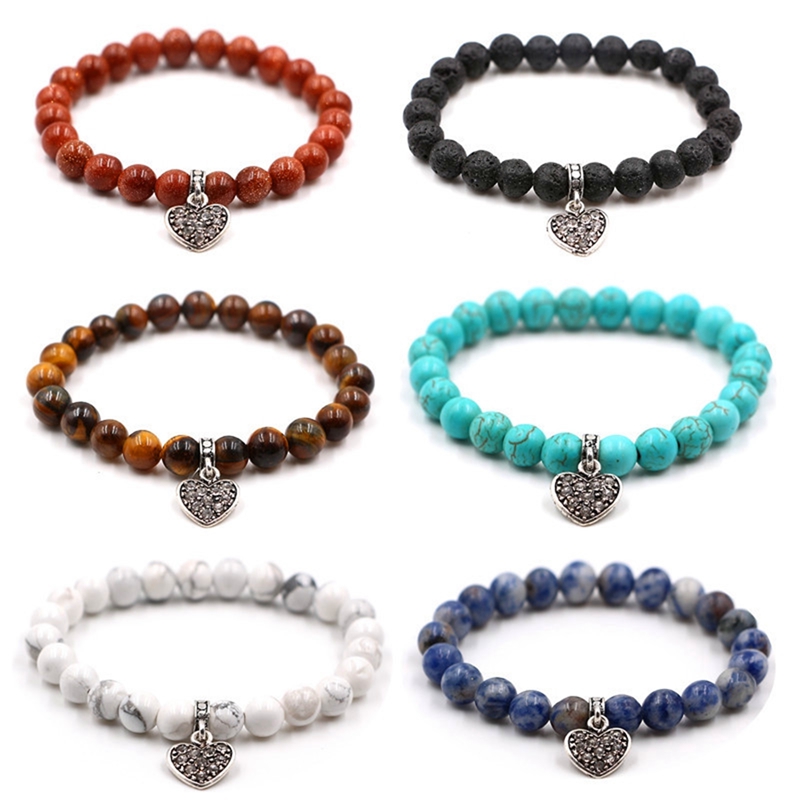 8MM inlaid brick heart pendant bracelet natural lava stone string essential oil aromatherapy unisex healing energy bracelet