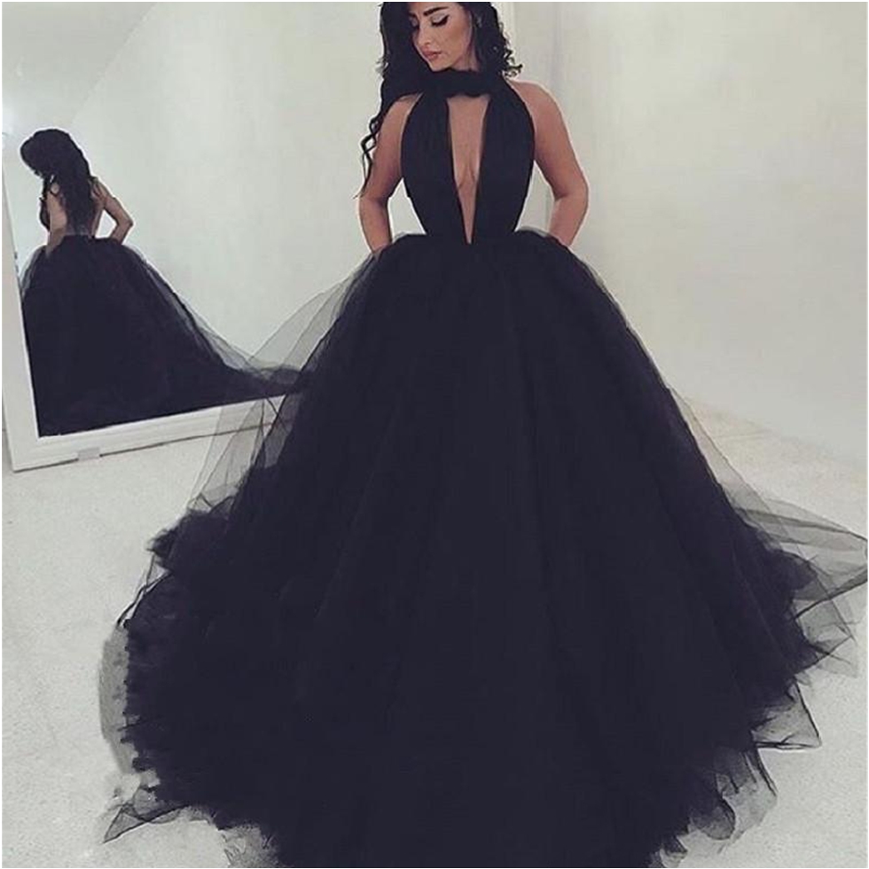 New Long Formal Dress Evening Wear Puffy Tulle Women Cocktail Party Gowns Custom Made Sexy Halter Backless Black Prom Dresses