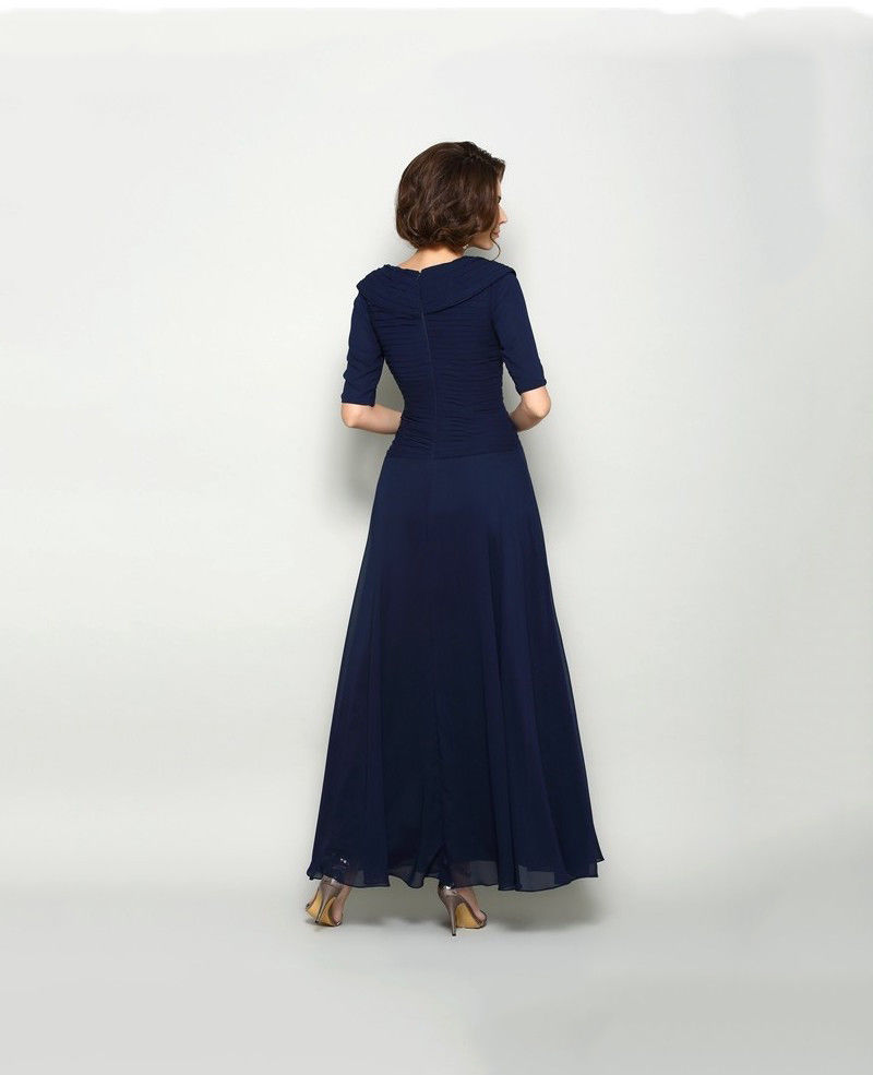 Plus Size Dark Blue Mother Of The Bride Dresses V Neck Full Length Half Sleeve Wedding Guest Dresses A Line Cheap Evening Gowns
