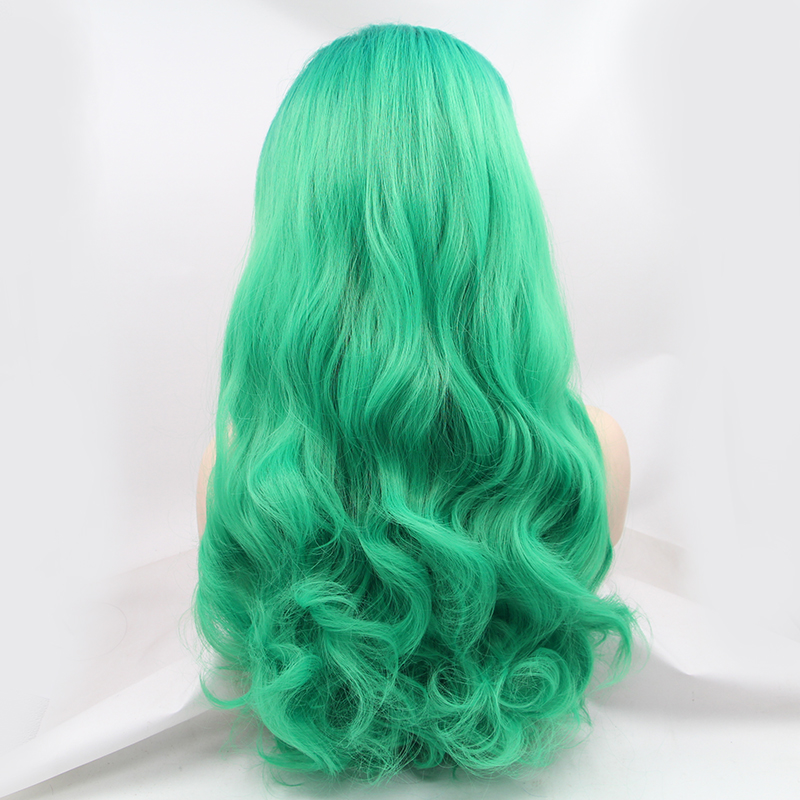 Long Body wave Green Synthetic Lace Front Wig Heat Resistant Fiber Synthetic Wig with baby hair blenchd knots For Women