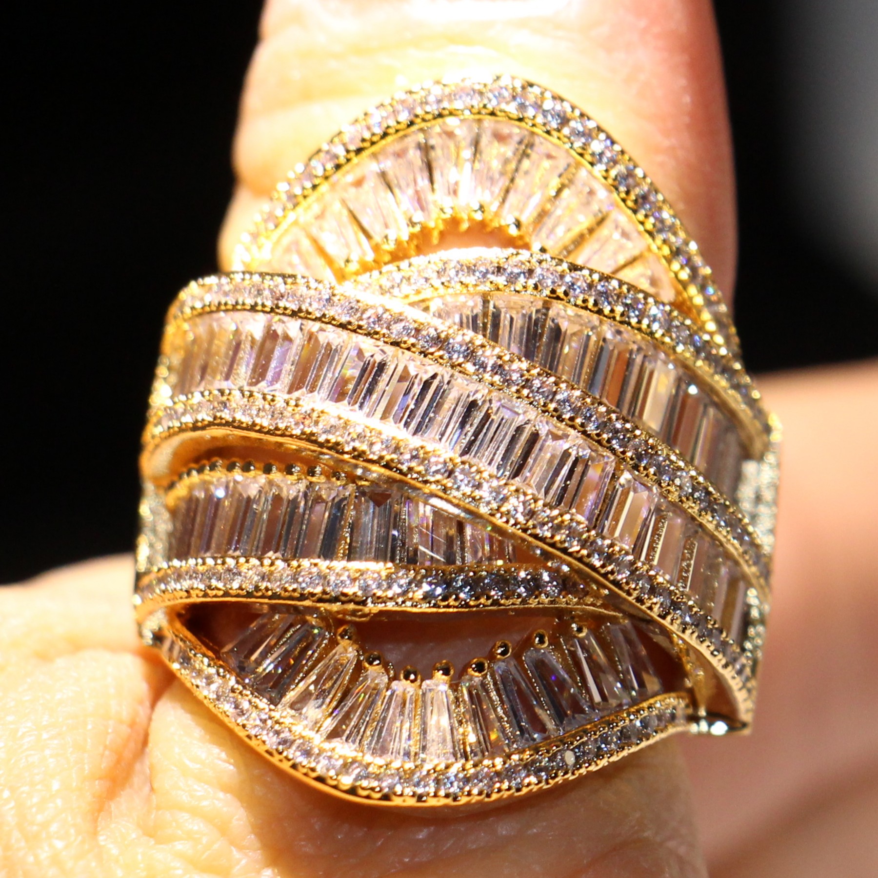 2024 Sterg Sier & Gold Filled White Topaz CZ Dia Wide Wedding Ring, Boho Engagement Band for Women, Size 6-10