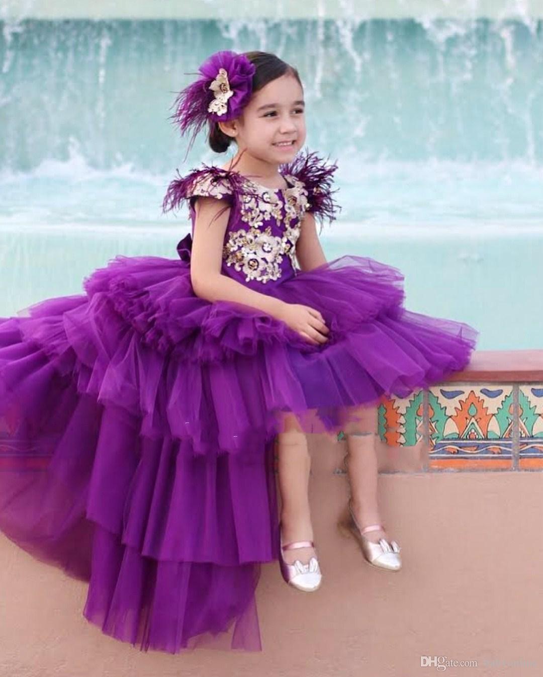 High Low Elegant Purple Girls Pageant Dresses Princess Cap Sleeve Gold Appliques Long Toddler Formal Party Prom Gowns For Kids