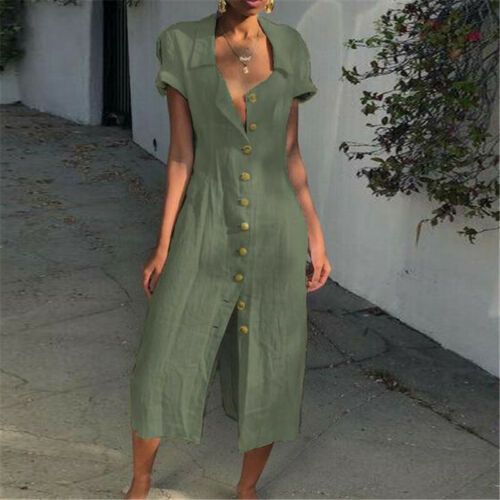 Fashion Women Summer Boho Long Shirt Dress Casual Maxi Evening Party Short Sleeve Beach Sundress Cotton Linen Elegante Dresses