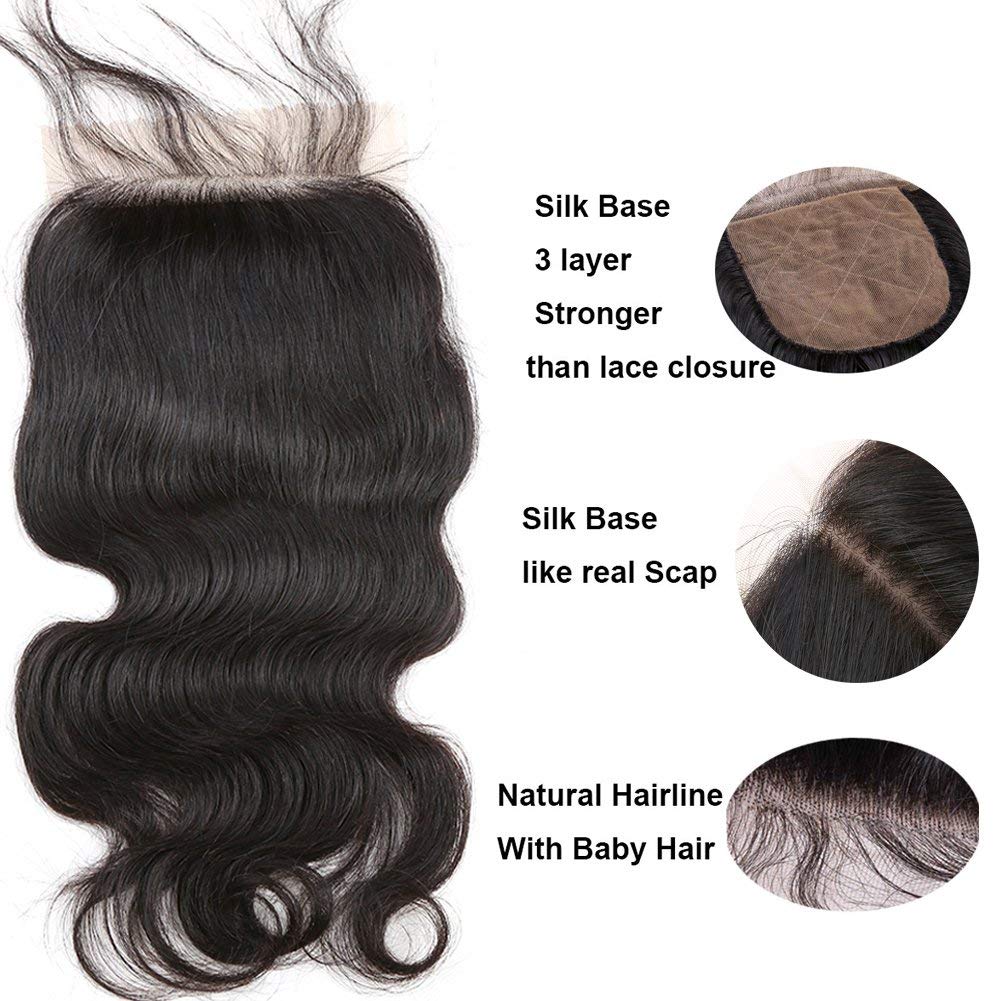Silk Base Lace Closures Body Wave 3 Layers Base Natural Human Skin Scalp Brazilian Virgin Unprocessed Human Hair Weaves Closure with Baby Hair Pieces 