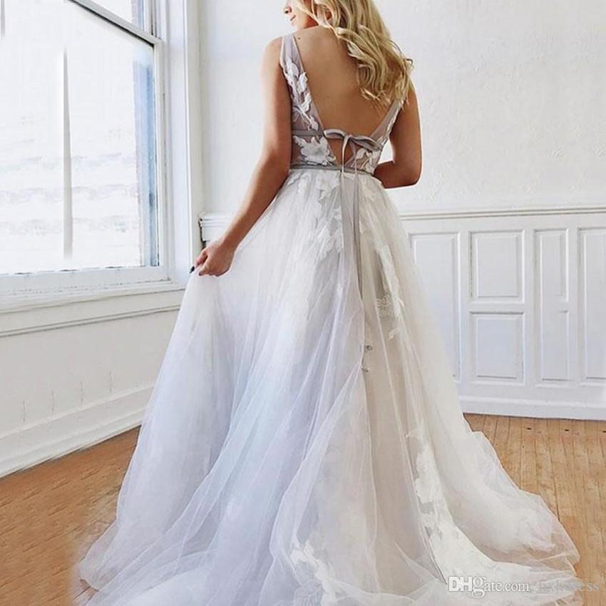 2020 A Line Wedding Dresses Sexy Deep V Neck Appliqued Sweep Train Bridal Gowns Custom Made Robes De Mariée